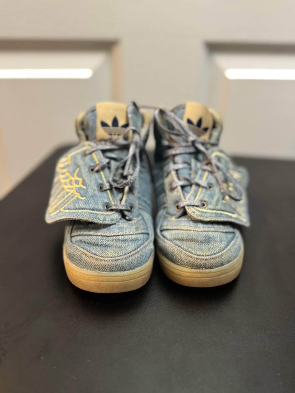 Jeremy Scott x Adidas Kids Denim High-Top Sneakers with Gold Wing Embroidery - Picture 3 of 12